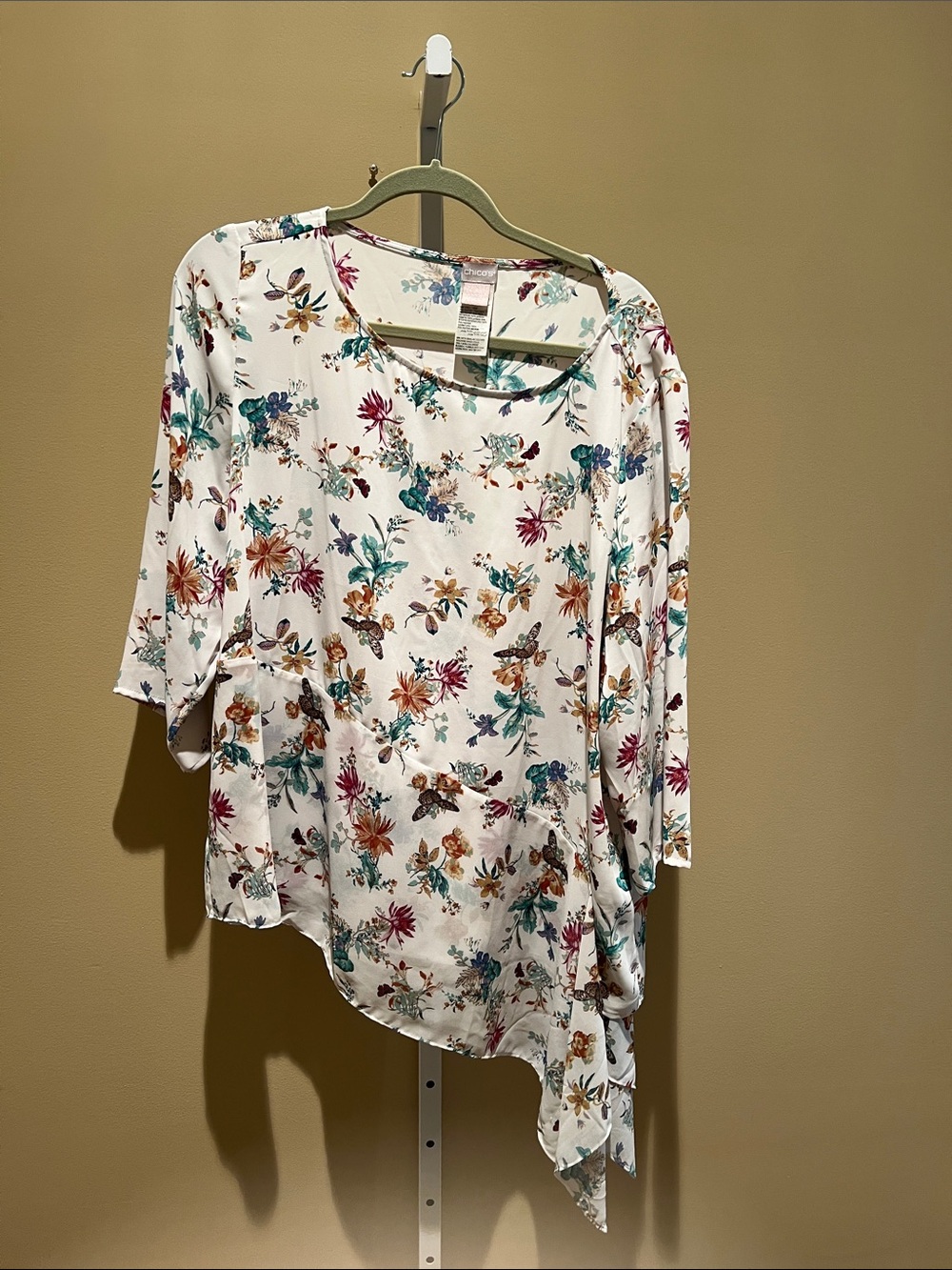 Chico's White Floral Asymmetric Tunic with Teal Pink Orange Accents